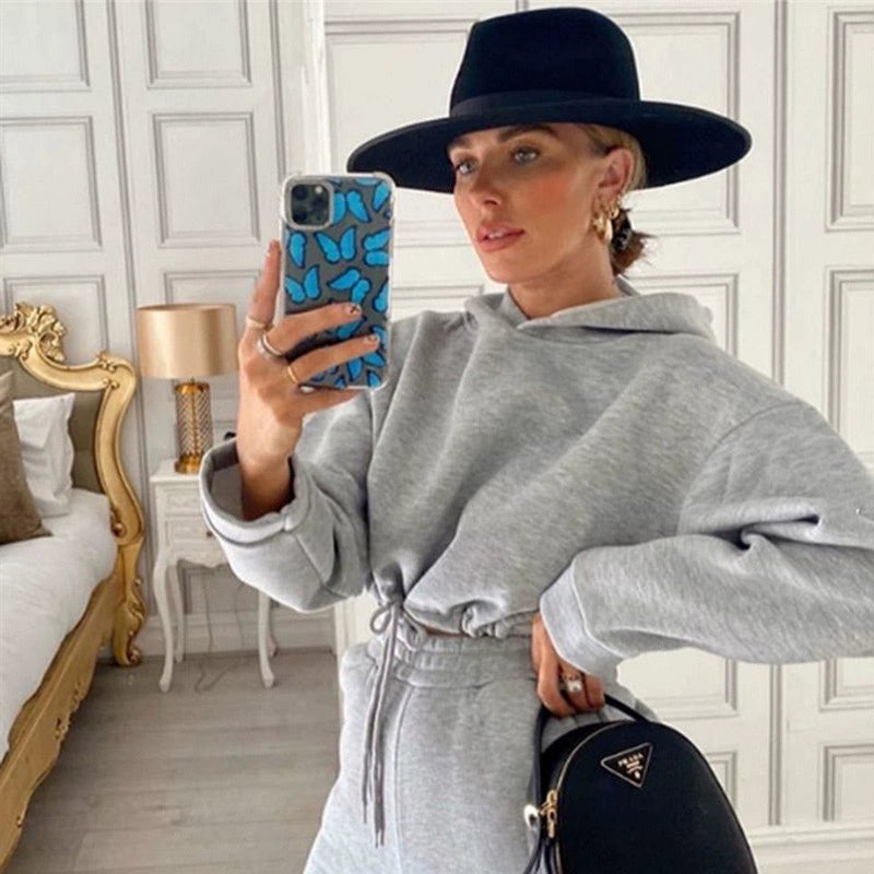 مجموعة ملابس نسائية عصرية، بدلة رياضية كاجوال بأكمام طويلة وخصر مكونة من قطعتين