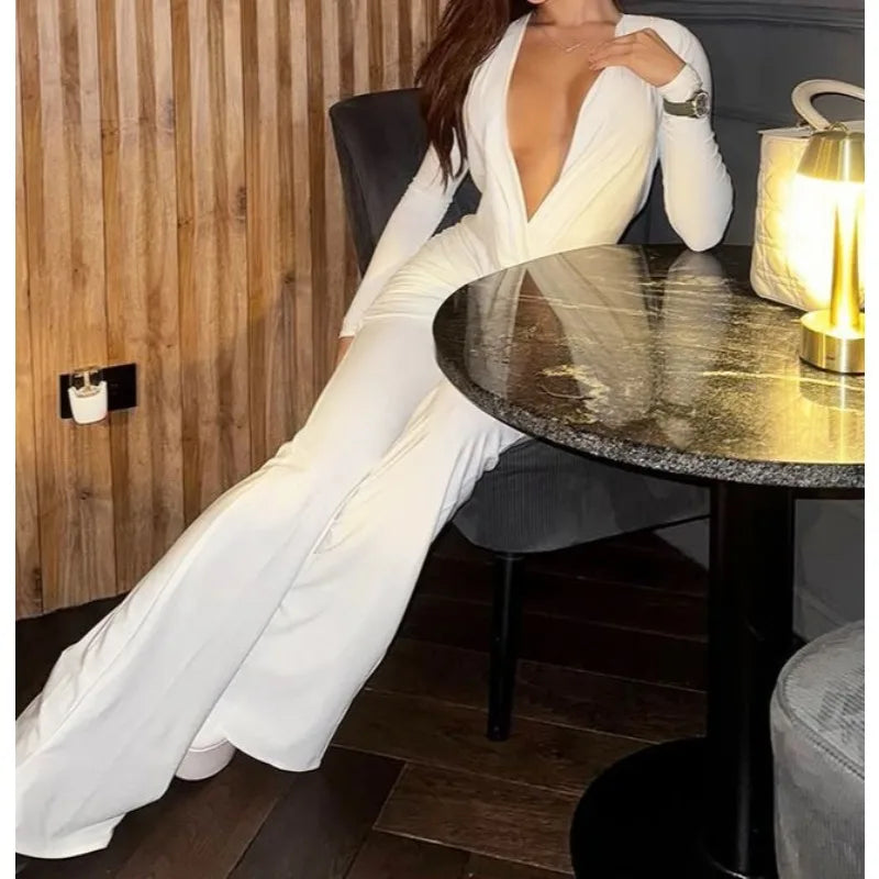 Women's Clothing 2025 Autumn Solid Color Long-sleeved Deep V-neck Fashion Pleated Slim-fit Jumpsuit