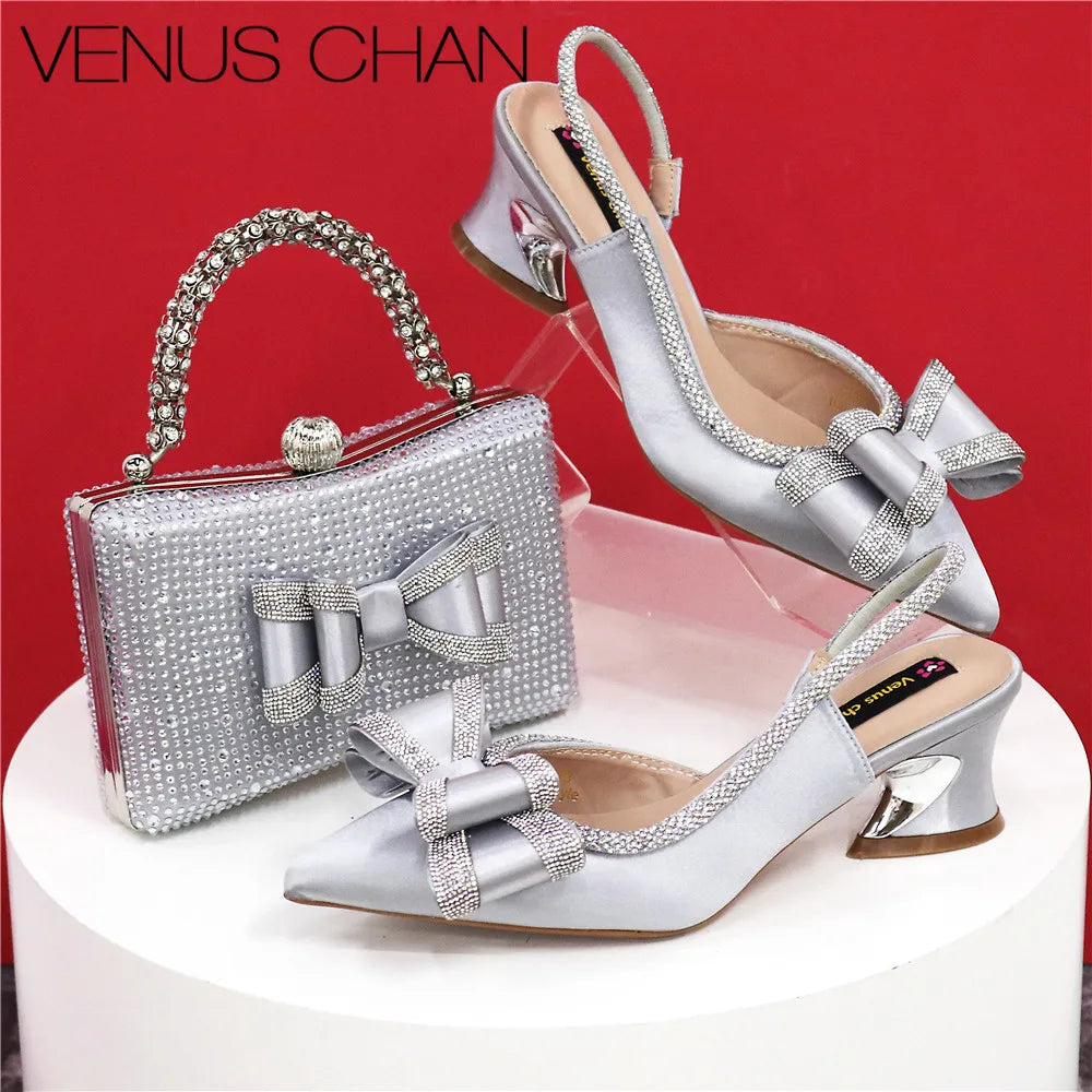 مجموعة أحذية وحقائب يد مدببة بمقدمة مدببة باللون الأخضر الزيتوني، أحذية بكعب متوسط ​​للنساء، مطرزة بأحجار الراين بتصميم إيطالي