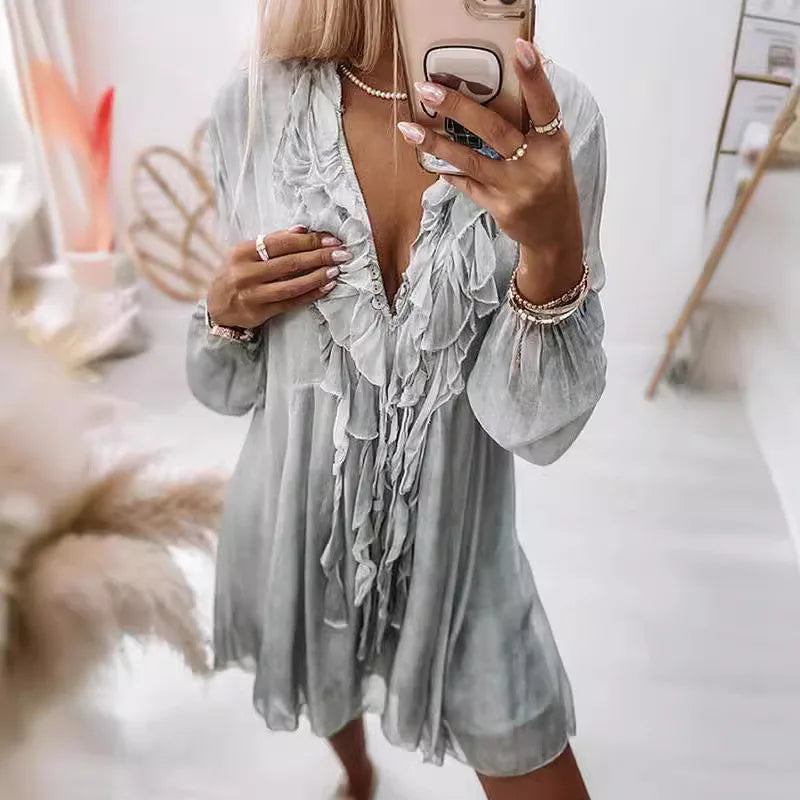 Women's Fashion Summer Beach Style Dress For Women Ruffles Tassel Tie Up Sexy V-neck Loose Solid Color Long Sleeves Dress Women SwiftNest