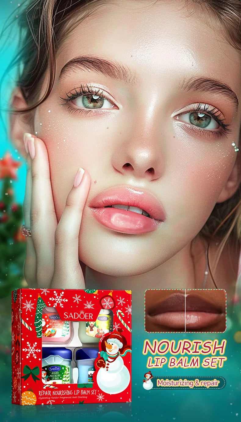 Christmas Gift Box,Lip Balm 4PCS/box Lip Makeup Set, Durable Moisturizer, Christmas Women's Gift Nourishing Lipstick Skin Care