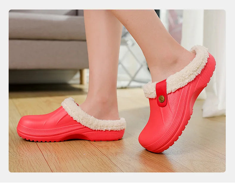 Waterproof Mule Clogs Men Slippers Winter Warm Unisex Fur Slippers House Room Slippers Trend Indoor Floor Shoes Slides For Women