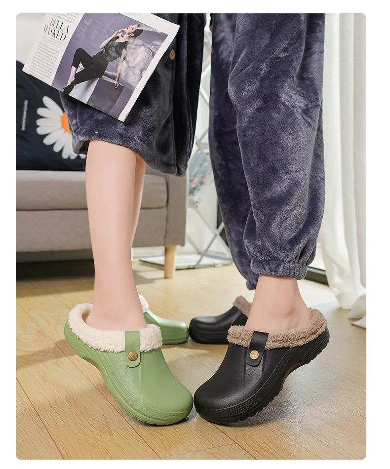 Waterproof Mule Clogs Men Slippers Winter Warm Unisex Fur Slippers House Room Slippers Trend Indoor Floor Shoes Slides For Women