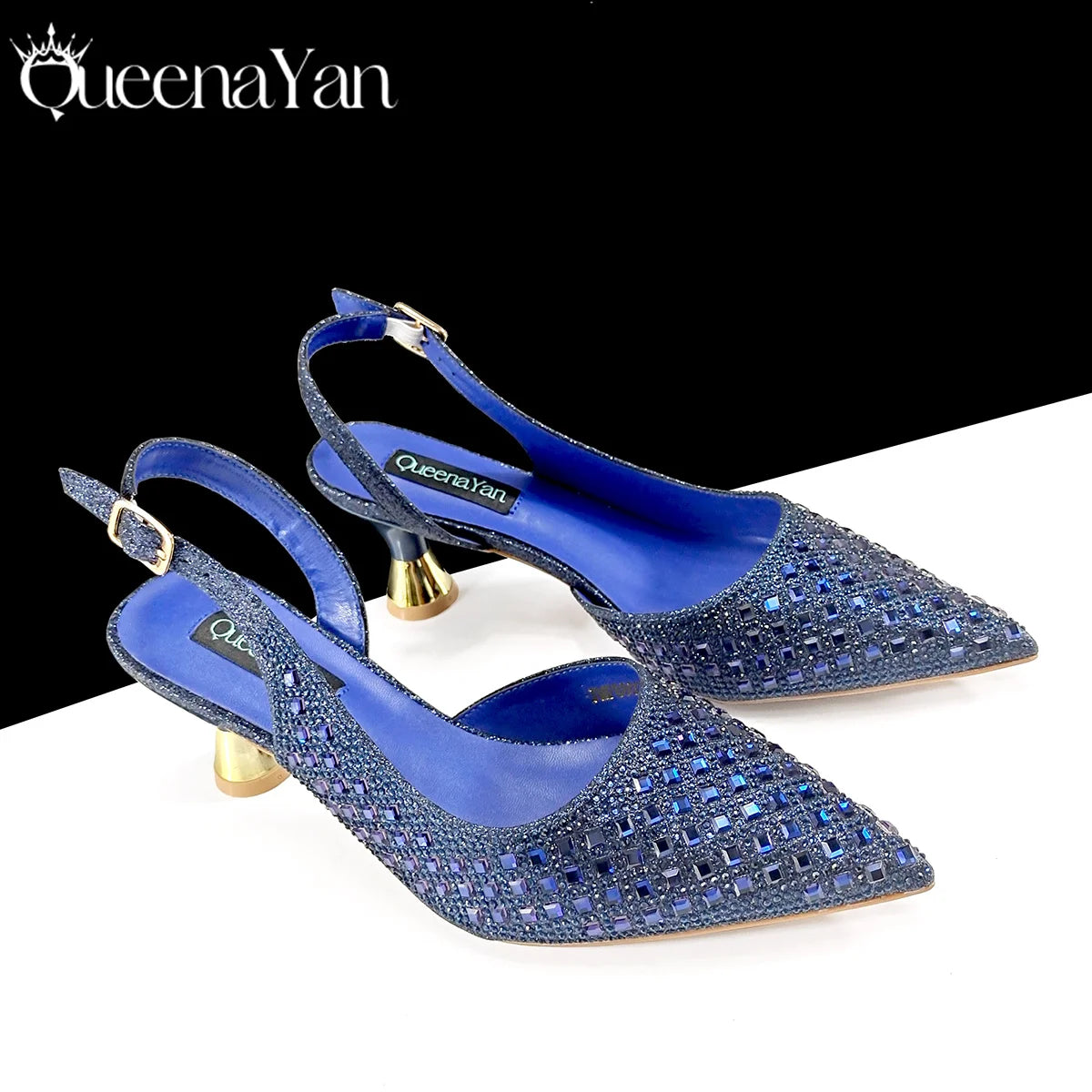 Queena Yan Italian Design Rhinestone Luxury Green Colour Pointed Toe Shoe & Bag Set Women's High Heels for Parties High Quality