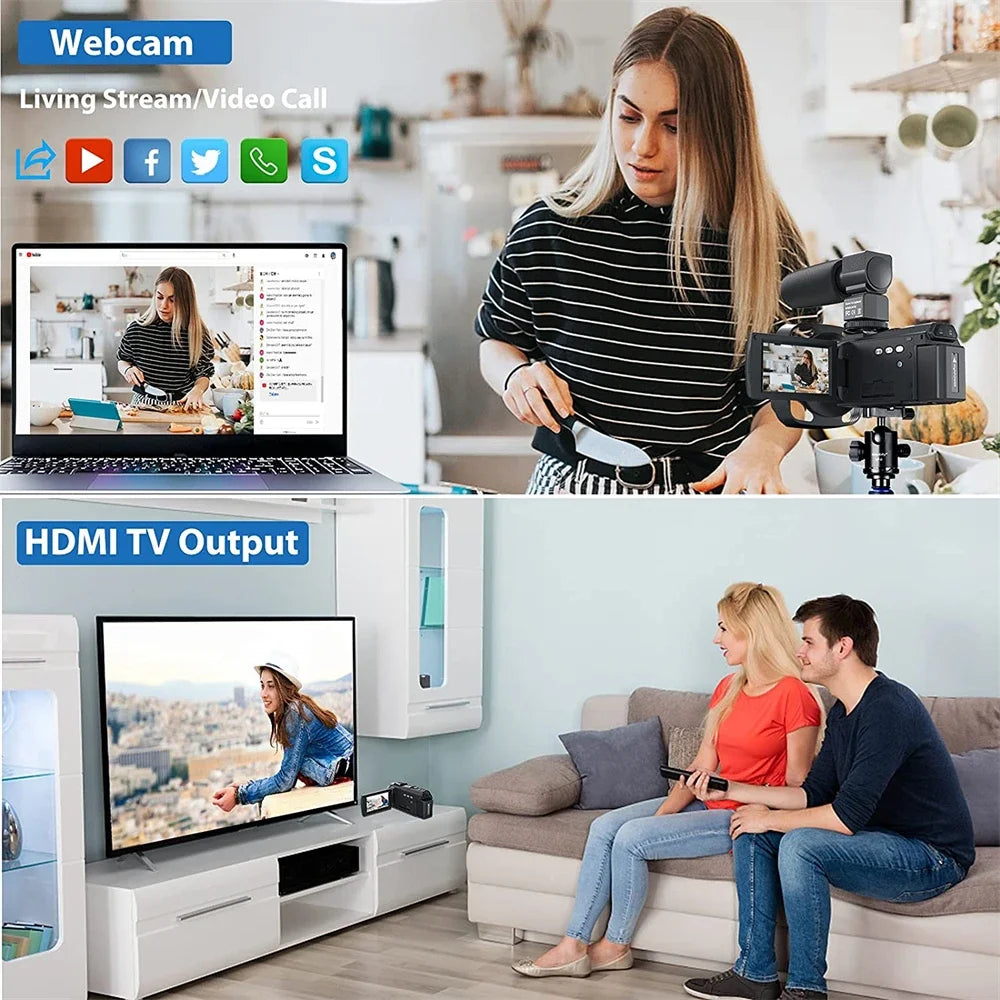 كاميرا فيديو احترافية بدقة 4K لبث مقاطع الفيديو على يوتيوب وLikee Ins وVlog مع تقريب رقمي 16x وكاميرا رؤية ليلية بالأشعة تحت الحمراء وواي فاي