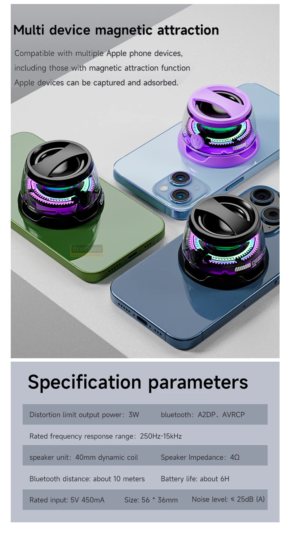 مكبر صوت صغير محمول بتقنية البلوتوث 5.3، مكبر صوت مغناطيسي صغير، صندوق صوت، تشغيل لمدة 7 ساعات، حامل هاتف للكمبيوتر الشخصي، شاومي، هواوي