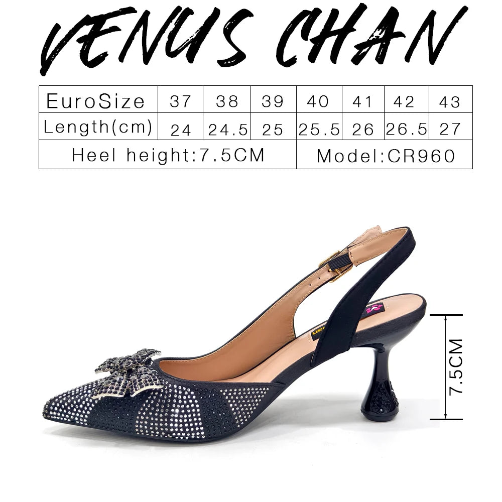 Venus Chan Green Color Pointed-Toe High Women Heels Shoes and Bags for Women Rhinestone Evening Party Elegant Luxury Handbag