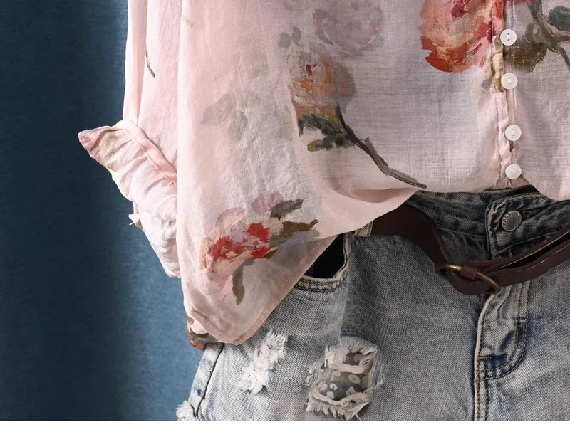 2025 Autumn clothes woman French fashion v neck rose floral print shirts and blouses for women vintage ladies tops