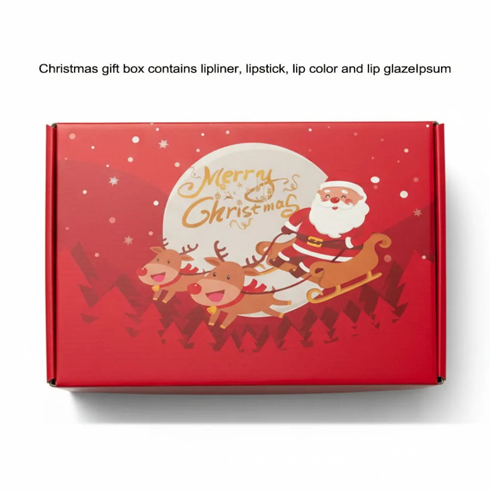 صندوق هدايا تجميل عيد الميلاد يتضمن لون الشفاه، ملمع الشفاه، أحمر الشفاه، قلم تحديد الشفاه، طقم ألوان مكياج سهل ومتين