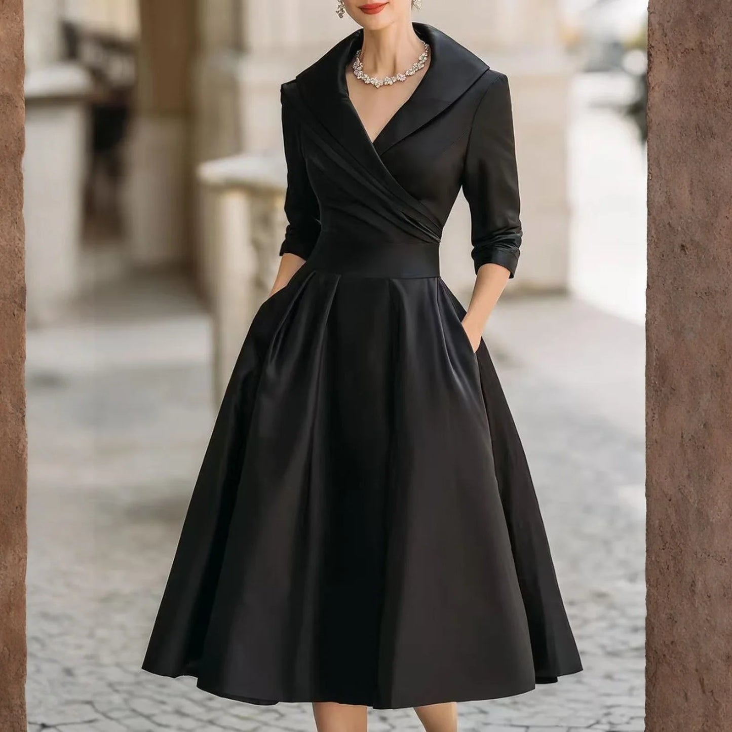 Women's Casual Fashion V-neck Retro Dress Elegant Waist Slimming Long-sleeved Party Dress Solid Color High Waist Commute Dress