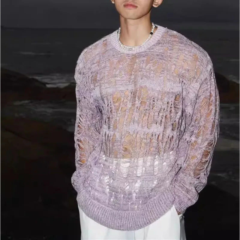 【 Fashion Items 】 Men's Laid-back Style Openwork Long-sleeved T-shirt , See-through Tattered Style Long-sleeved Knitted Sweater