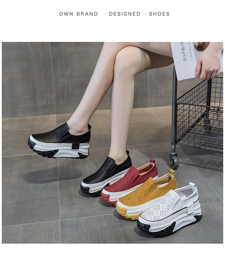 Fujin 7cm Genuine Leather Women Vulcanized Platform Wedge Chunky Sneaker Casual Stable Fashion Skate Boarding High Brand Shoes