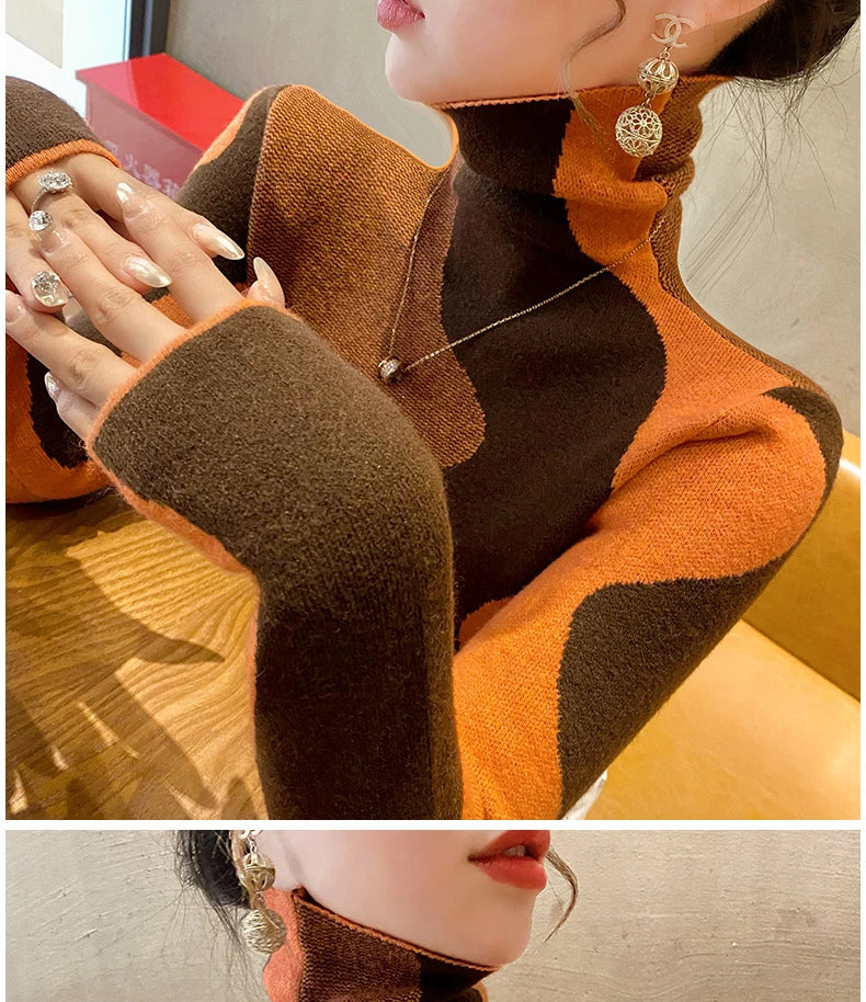 Women Clothing Vintage Fashion Slim Turtleneck Sweaters Autumn Winter Elegant Chic Patchwork Knit Pullovers Office Lady Tops