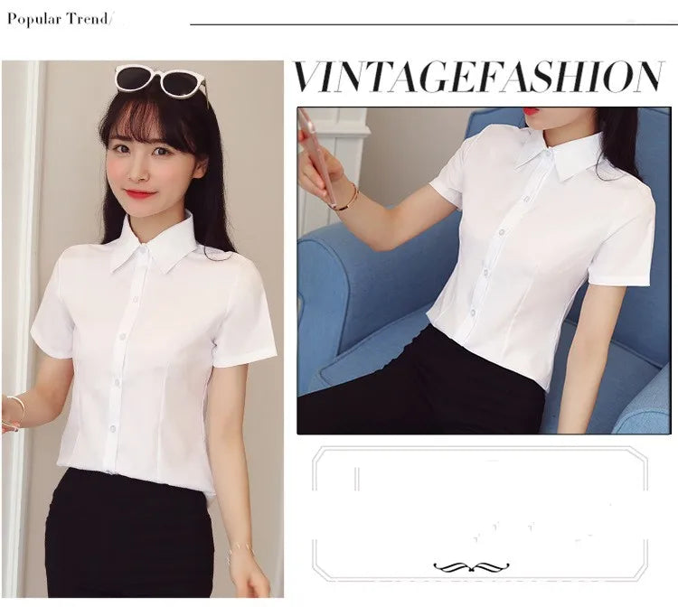 Fashion White Shirts Woman 2025 Autumn Short Sleeve Blouse Solid Ladies Tops OL Female Clothing  Basic Work Shirt Women's Blouse SwiftNest