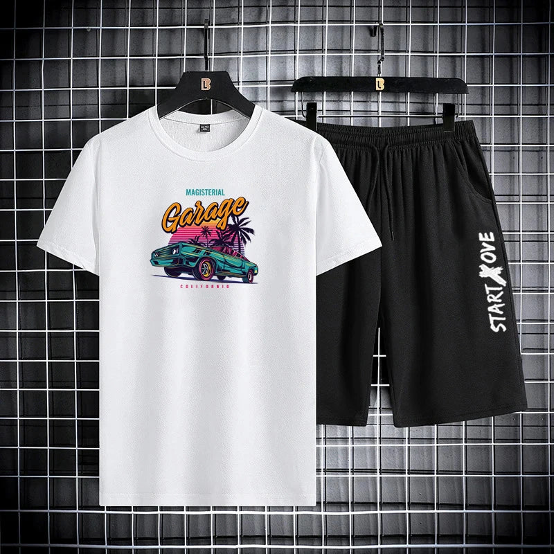 2025 Summer Outdoor Sports Suit Men's Short-sleeved Shorts Casual Fashion Two-piece Set Breathable Quick-drying Fitness Clothes