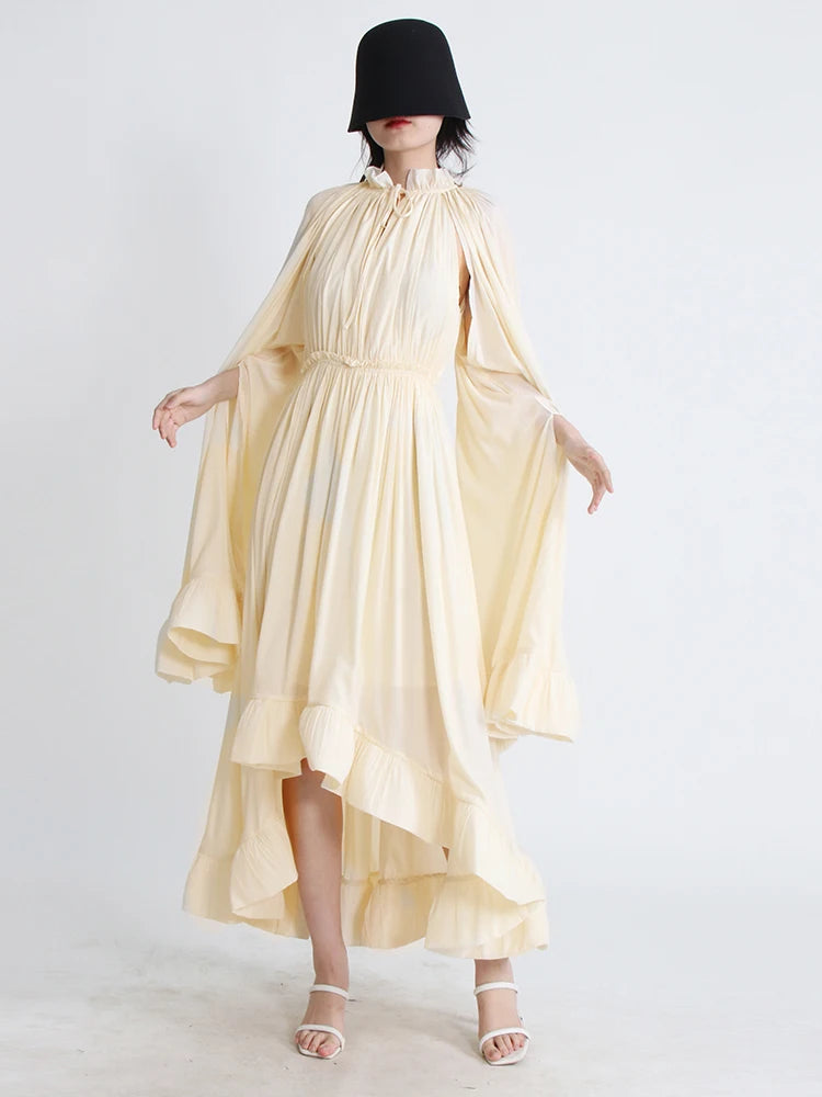 TWOTWINSTYLE Minimalist Dresses For Women V Neck Cloak Sleeve High Waist Ruffles Irregular Summer Dress Female Fashion Clothing