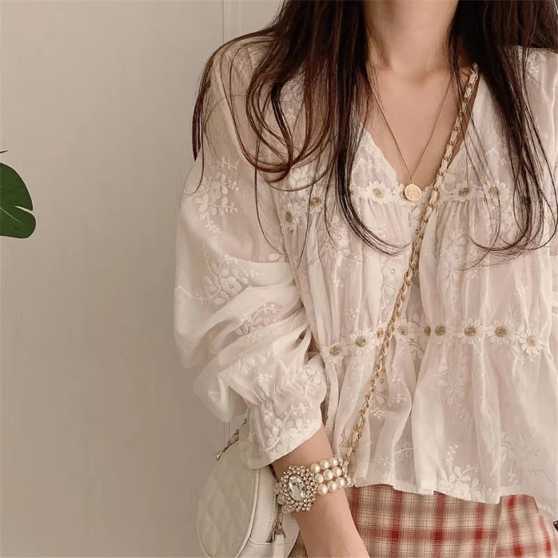 Women Fashion V-neck White Women Blouse Spring Flower Loose Hollow Shirt Korean Elegant Sweet Long Sleeve Short Tops Blusas
