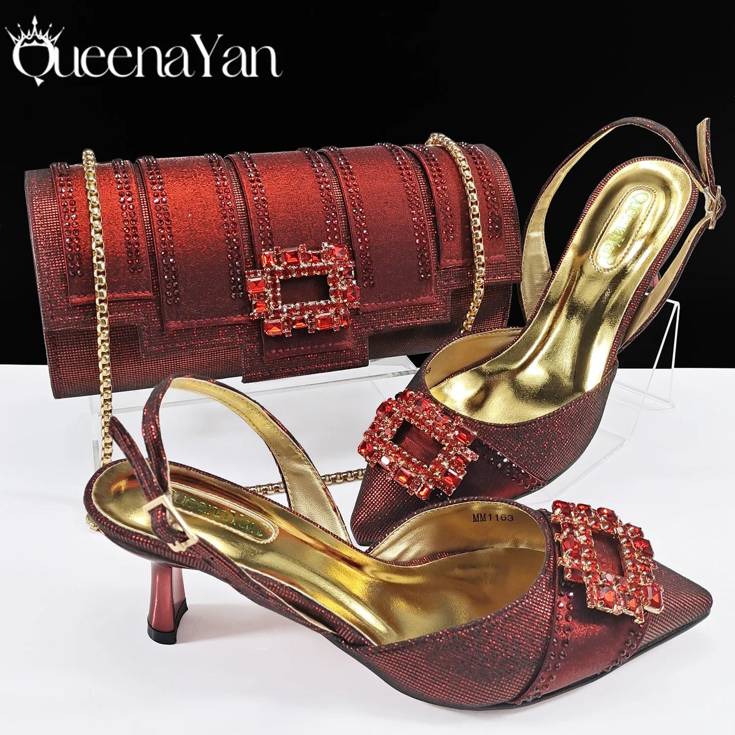 Spot Goods Italian Fashion Women Heels Elegant Color Block Design Brown Shoes And Bag Full Rhinestone Party Bag