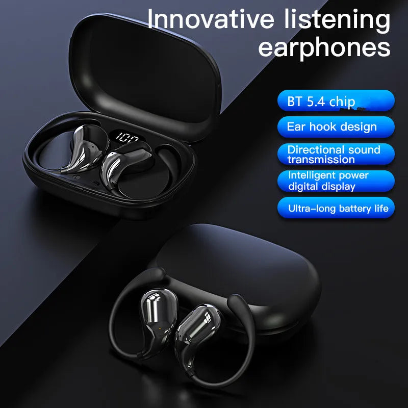 Bluetooth 5.4 Ear Hook Headphones TWS Wireless Earphones HiFi Stereo Waterproof Headsets LED Display Long Standby Touch Earbuds
