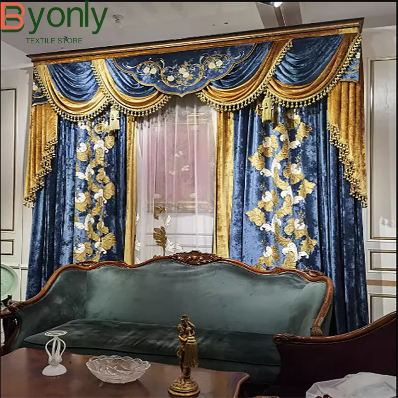 European Curtains for Living RoomCustom New High-end Villa  French Bedroom Velvet Embroidered American Cotton Wool Large Flowers
