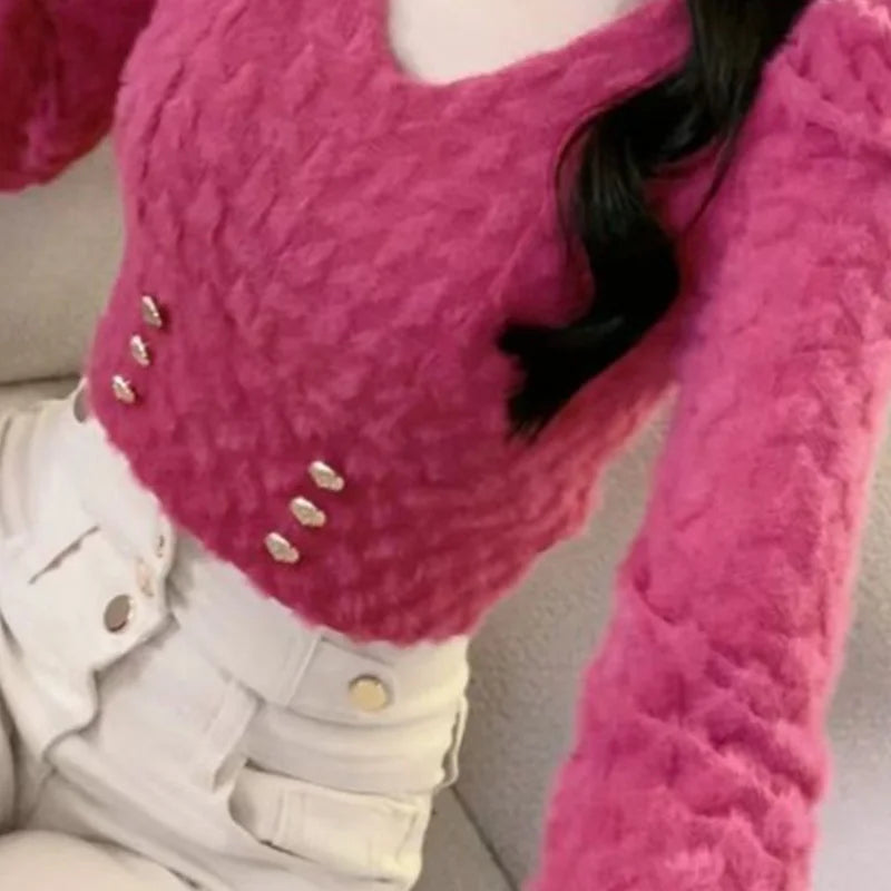 Women Clothes Spring Autumn Fashion Simplicity Elegant All-match Temperament Solid Color V-neck Puff Sleeve Button Long Sleeve T