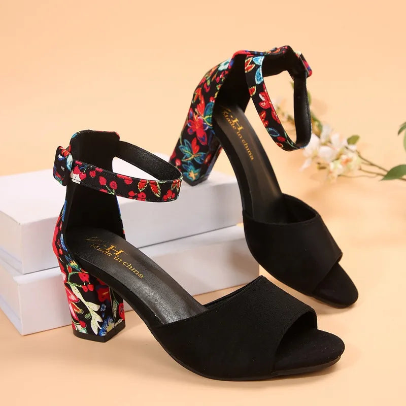 Summer New Thick Heel Sandals for Women Round Head Open-toe Line with Printed Non-slip Wear-resistant Fish Mouth High Heels