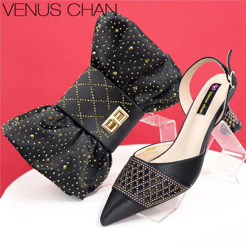 Latest Women Italian Shoes and Matching Bags Decorated with Rhinestone Elegant Pointed Toe Wedding Shoes Bride