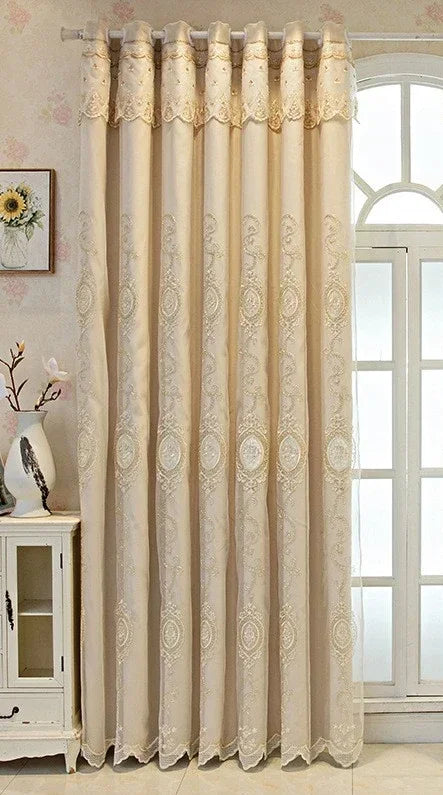 ستائر مخصصة لغرفة المعيشة وغرفة الطعام وغرفة النوم، قماش أوروبي فاخر مزدوج الطبقات مع تطريز متكامل وديكور معتم