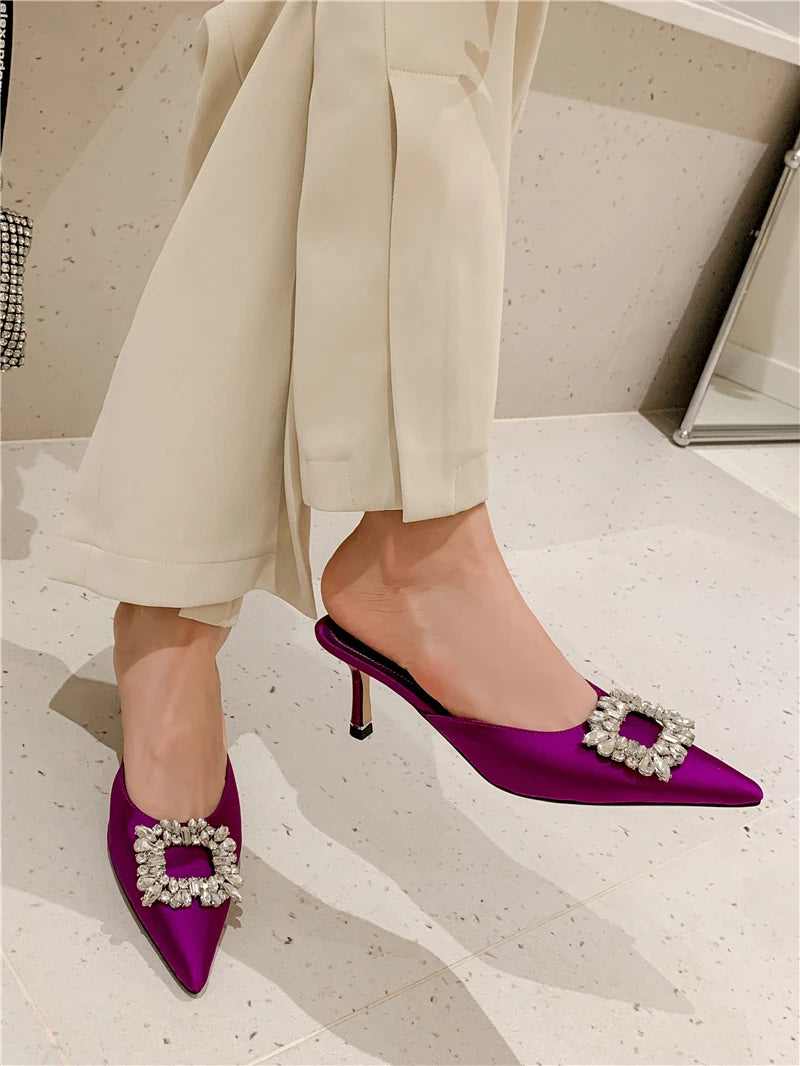 Drestrive 2022 Fashion Mules Crystal Knot Pointed Toe Women's Pumps Thin High Heel Summer Shoes Purple Dress Satin