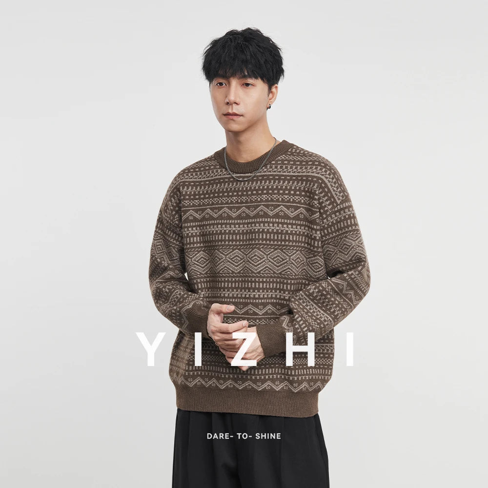 Fashion Men's Knitwear 2025 Autumn Winter New Season Lazy Fair Isle Contrast Retro Loose Crewneck Sweater Pullover