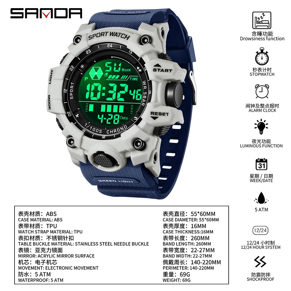 SANDA Outdoor Sports Men Watch Waterproof LED Analog Digital Show Multifunction Big Dial Electronic Wristwatch G style Male Cloc