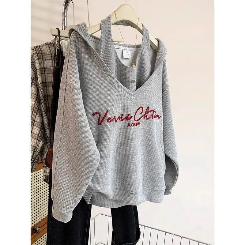 Women Clothing Winter Fashion Korean Printing Solid Color Two-piece Set Hoodies Female Fashionable Appear Thin Loose Long Sleeve