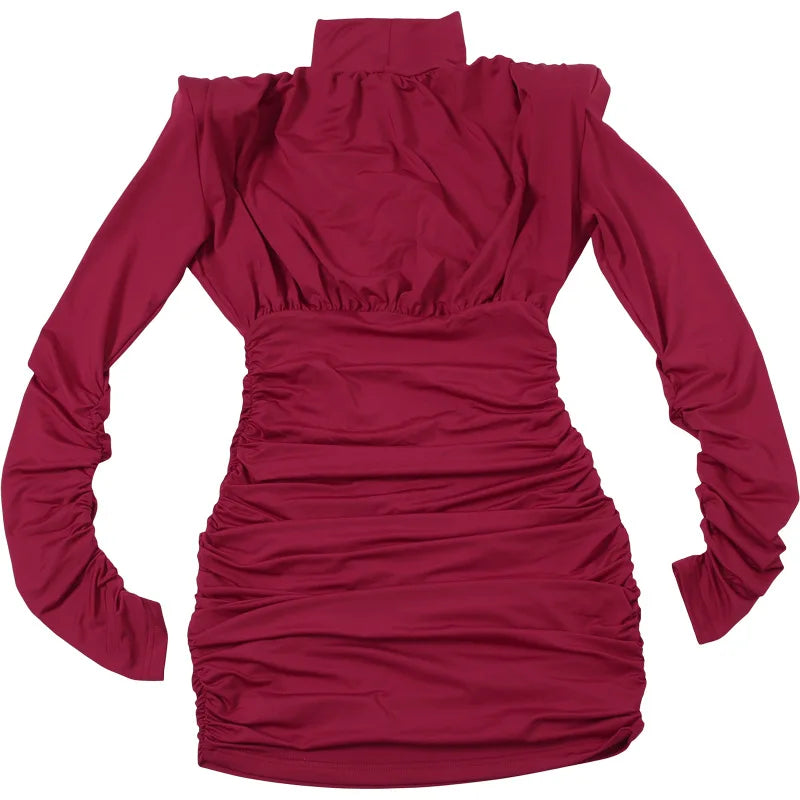 ملابس نسائية خريف وشتاء 2025 موضة جديدة بمزاج عالي الرقبة مطوي الخصر نحيف ملفوف حول الورك فستان بأكمام طويلة للنساء