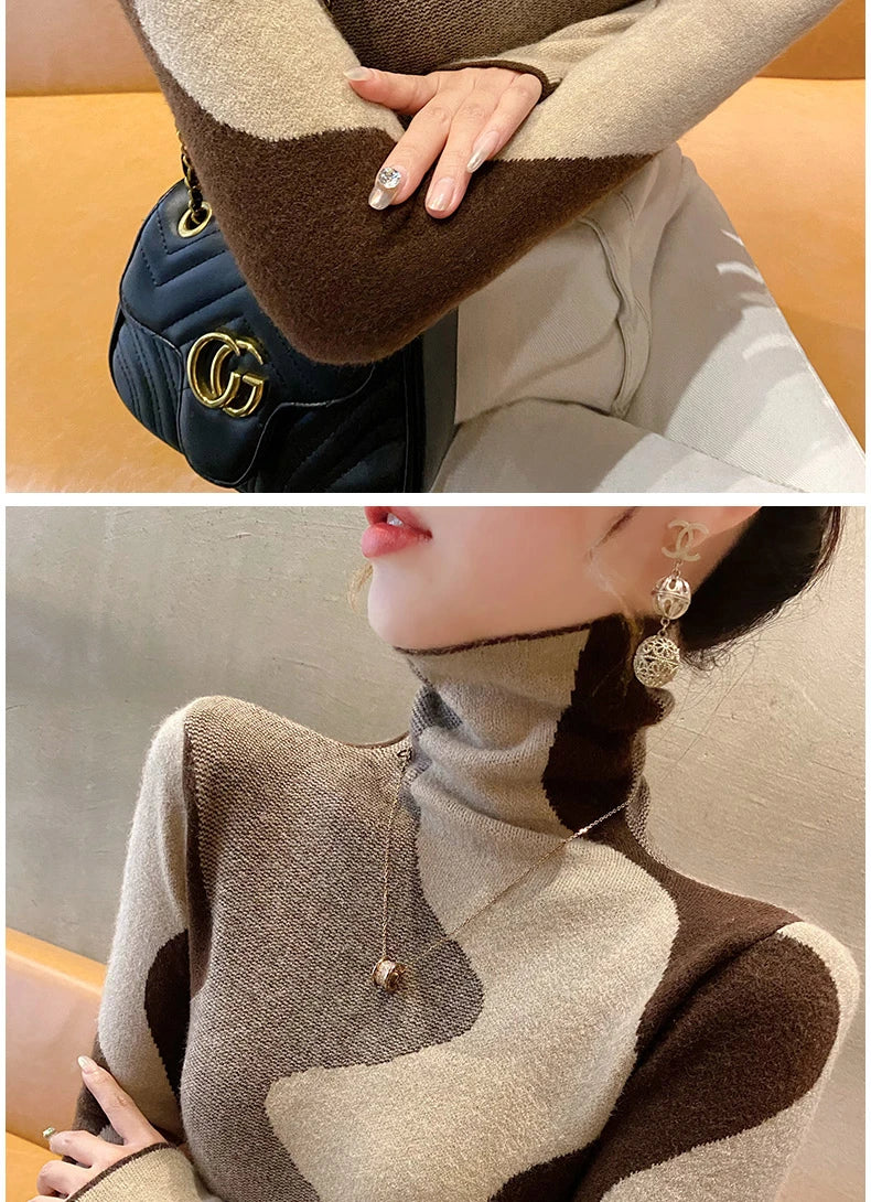 Women Clothing Vintage Fashion Slim Turtleneck Sweaters Autumn Winter Elegant Chic Patchwork Knit Pullovers Office Lady Tops