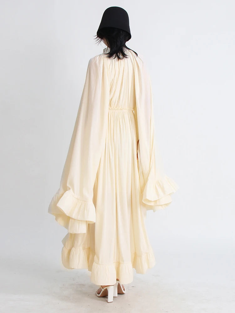 TWOTWINSTYLE Minimalist Dresses For Women V Neck Cloak Sleeve High Waist Ruffles Irregular Summer Dress Female Fashion Clothing