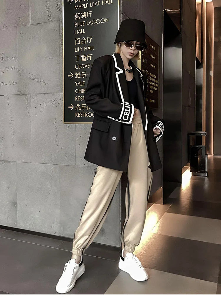 Women Fashion Jacket Wedding Casual Business High Quality Black Blazer Suit Coat Ladies Double Breasted Letter Long Sleeve Tops