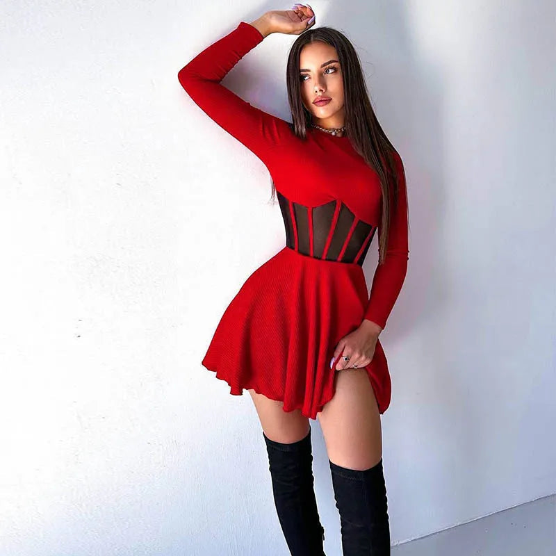 Women Fall Fashion A Line Dress Long Sleeve Crew Neck Stunning Mesh Splicing Corset Dress Y2K Going Out Night Club Party  Dress SwiftNest