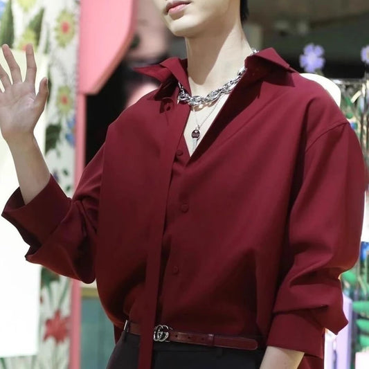Mens Fashion High-End Party Dance Wine Red Long-Sleeved Shirt 2025 Summer Niche Design Handsome Retro Lapel Y2k Luxury Shirt Men