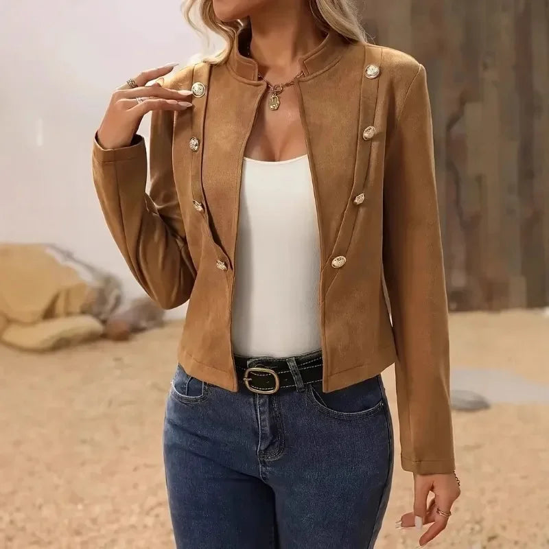 Women's Fashion Stand Neck Long Sleeve Jacket Short Coat Ladies Casual Solid Slim Double-breasted Blazer Elegant Lady Jackets SwiftNest