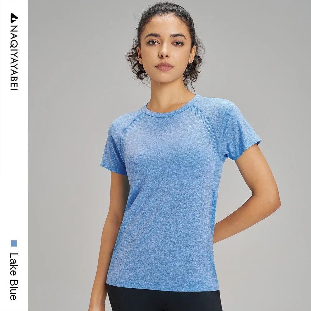 Outdoor yoga T-shirt, quick drying solid color sportswear, casual running, quick drying fitness training, short sleeved women