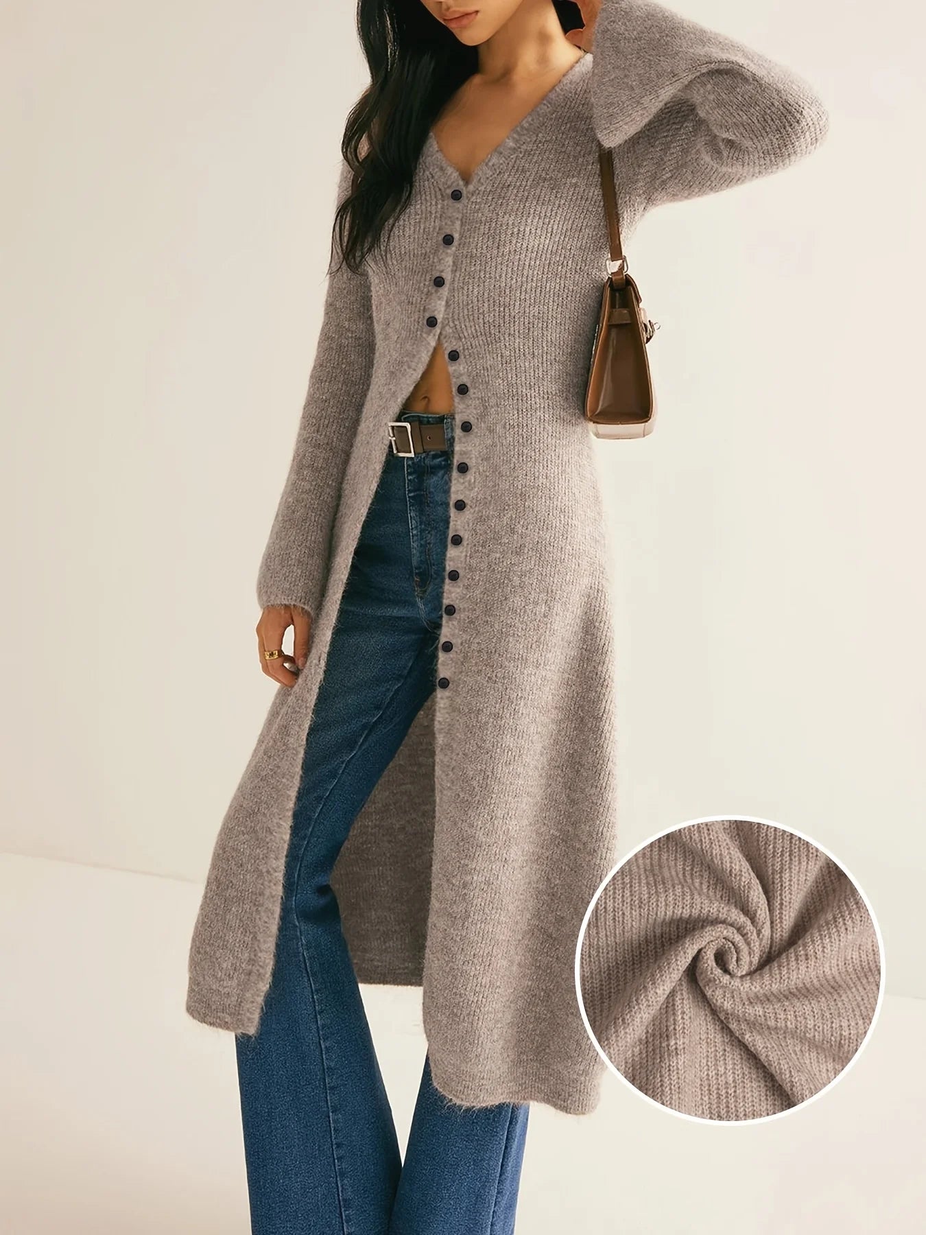 فستان نسائي: كارديجان محبوك رفيع عالي الجودة بفتحة رقبة على شكل حرف V، فستان طويل محبوك متوسط ​​الطول بلون واحد للنساء، سترة واقية من الرياح