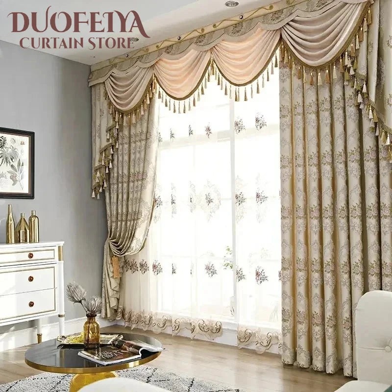 European-style Curtains Simple European Beige Living Dining Room Bedroom Two-story Full-shading Window Curtain Finished Product