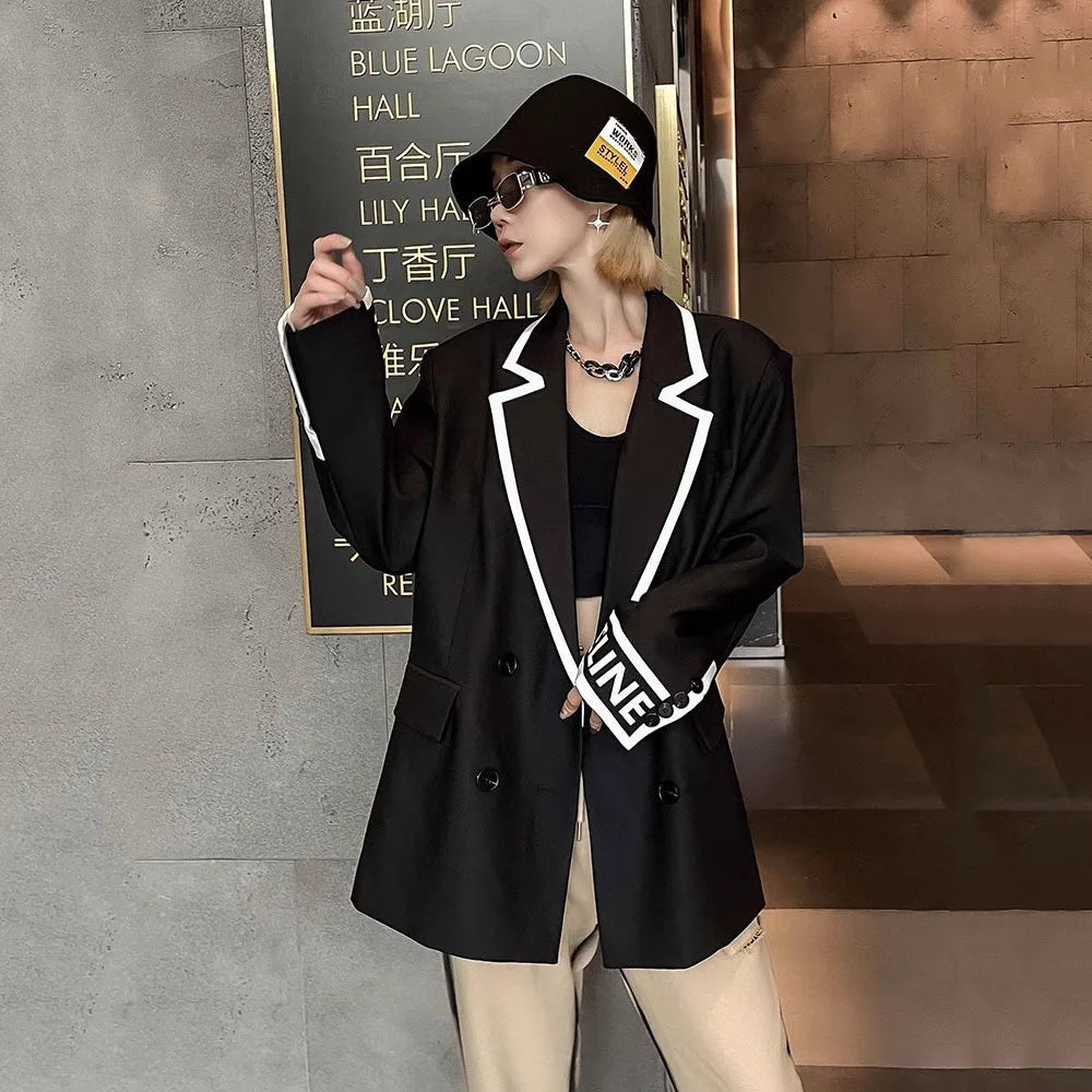 Women Fashion Jacket Wedding Casual Business High Quality Black Blazer Suit Coat Ladies Double Breasted Letter Long Sleeve Tops