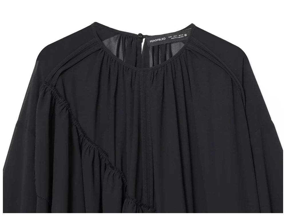 Womens Fashion Blouse Top With Ruffled Round Neck Long Sleeves And Asymmetrical Chiffon Shirt Autumn And Winter Casual Wear