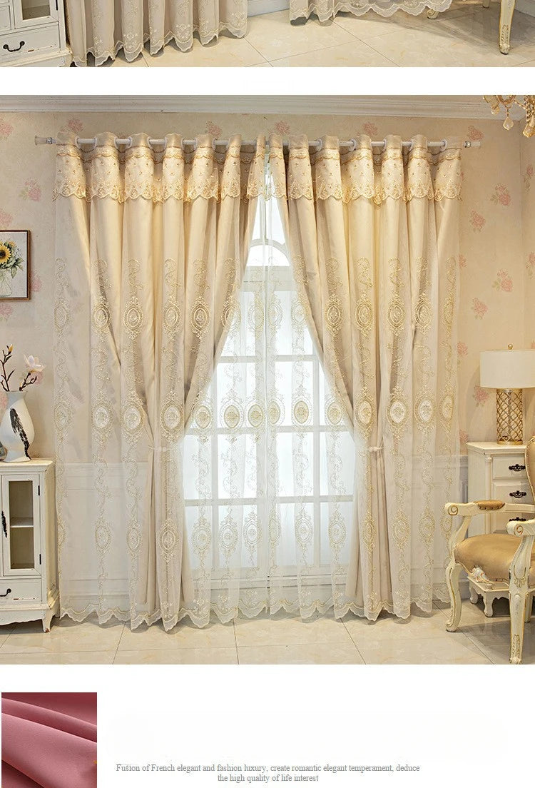 ستائر مخصصة لغرفة المعيشة وغرفة الطعام وغرفة النوم، قماش أوروبي فاخر مزدوج الطبقات مع تطريز متكامل وديكور معتم