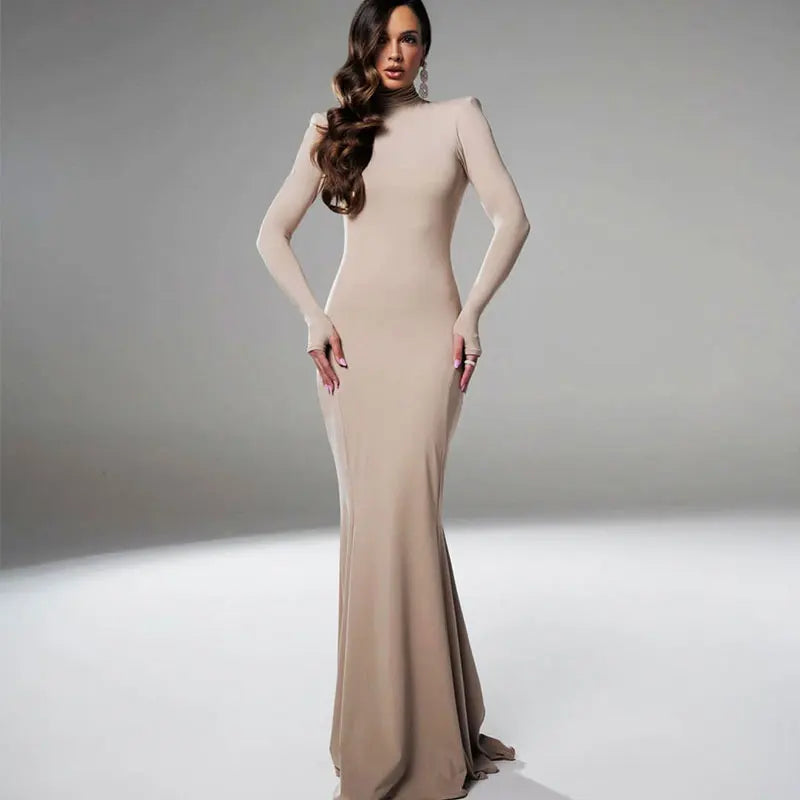 فساتين نسائية خريف وشتاء جديدة مثيرة سادة بدون ظهر أنيقة فستان كاجوال أنيق بأكمام طويلة ورقبة مدورة رفيعة