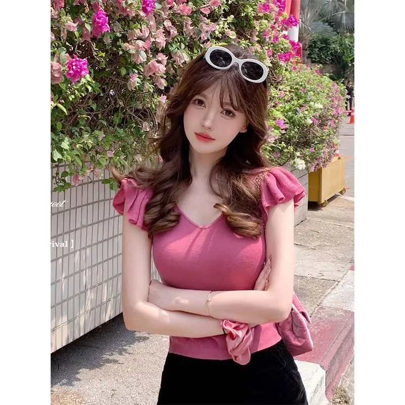 Women Clothes Summer Casual Fashion Simplicity Solid Color V-neck Tops Women's Trend All-match Sweet Temperament Slim T-Shirt SwiftNest