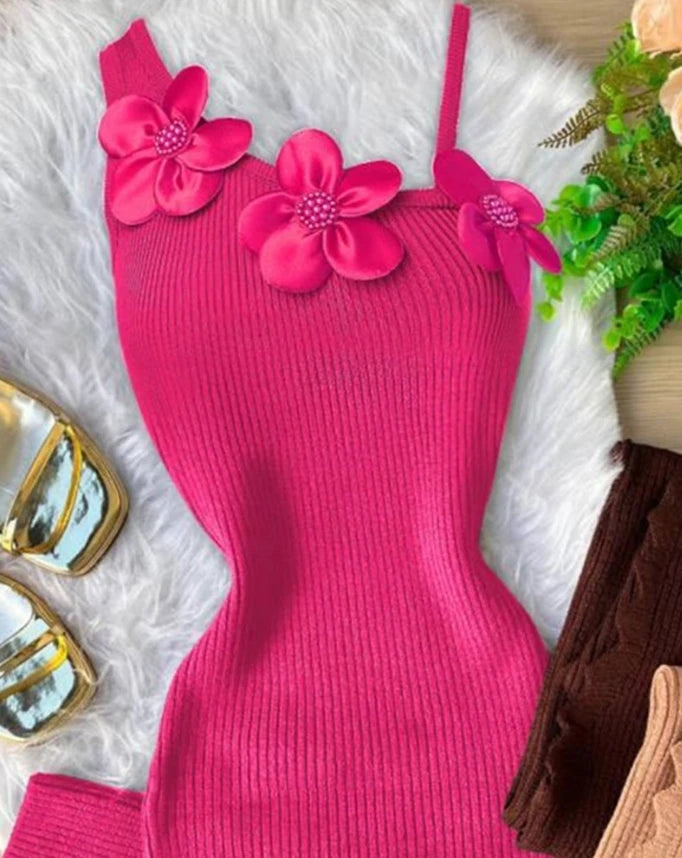 Sexy Elegant Dresses for Women New Fashion 2024 Autumn Spring Summer Casual Floral Pattern Beaded Knit Bodycon Dress