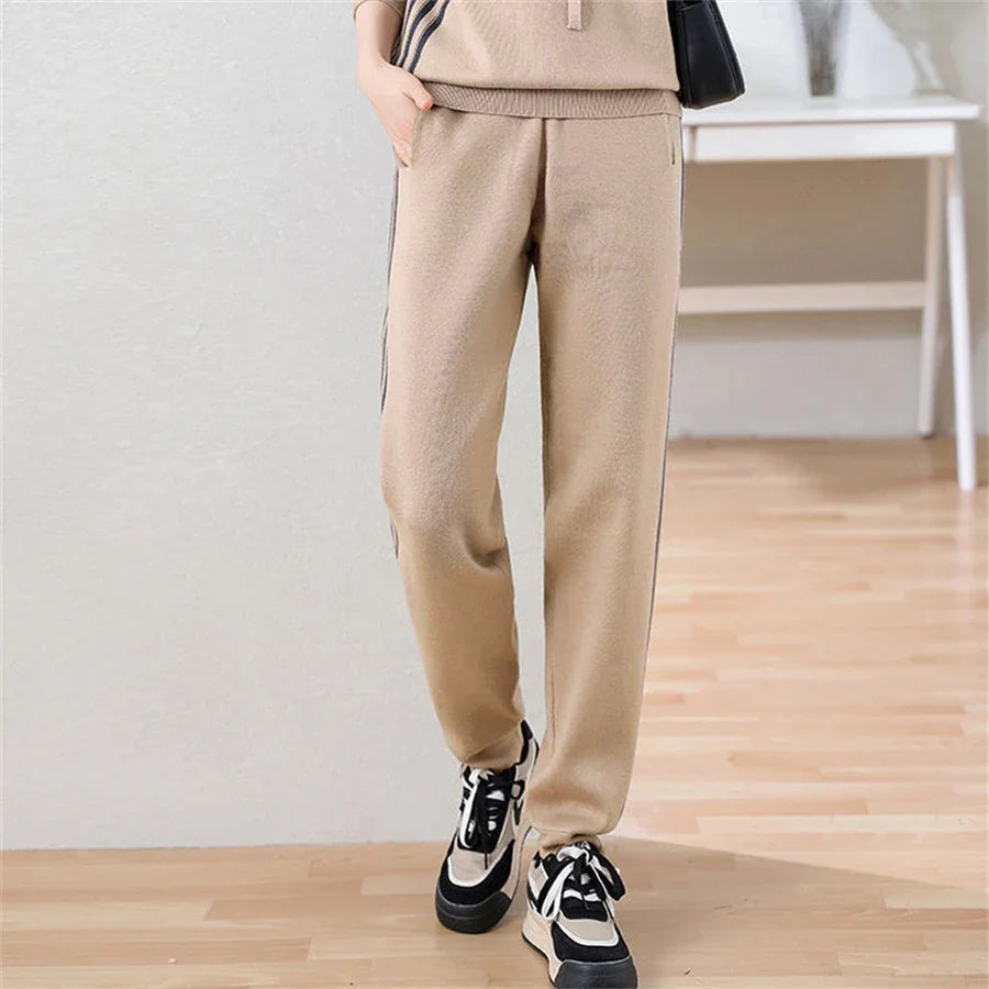 Fashion Autumn Women 2 Pieces Sets Casual Hooded Patchwork Loose Knitted Sweater Sports Harlan Pants Suits Winter Sportswear SwiftNest