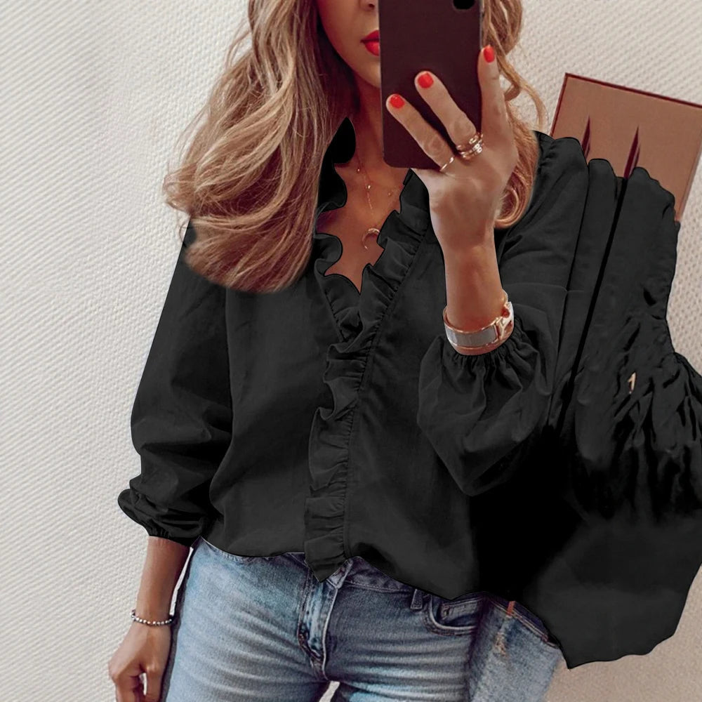 Women’s Autumn Fashion 2025 Soft Flounce Detail V-Neck Shirt with Voluminous Cuff Sleeves for a Cozy and Cute Vibe SwiftNest